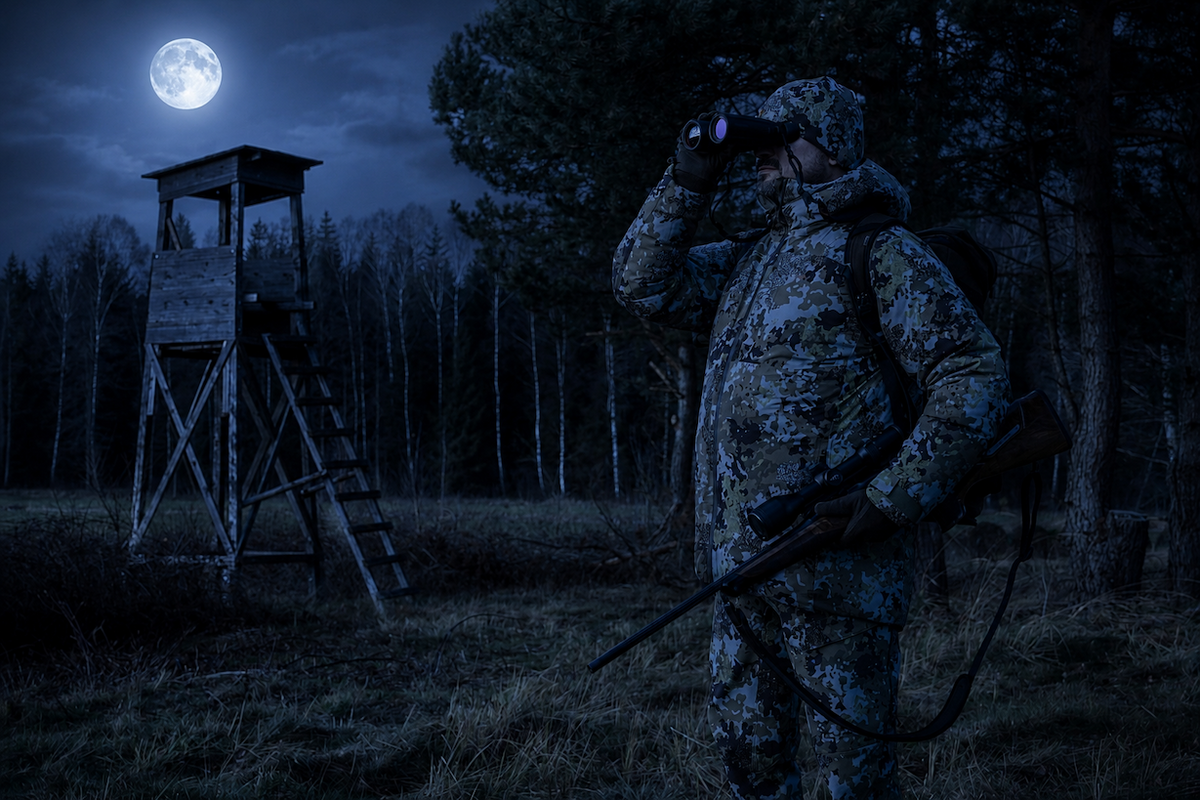 Jäger beobachtet mit einem Wärmebildgerät auf der nächtlichen Pirsch – Wärmebildgeräte Jagd Produktvergleich auf TRAILCAM.at