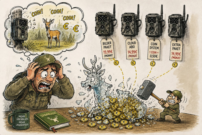 Karikatur eines verzweifelten Jägers, dessen Wildkamera durch hohe laufende Betriebskosten die Ersparnisse aus einer Hirsch-Spardose aufbraucht – Symbolbild für den Wildkamera Kostenvergleich.