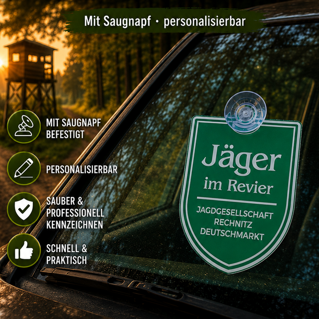     Jäger im Revier KFZ-Schild personalisiert mit Saugnapf für Revierfahrzeuge